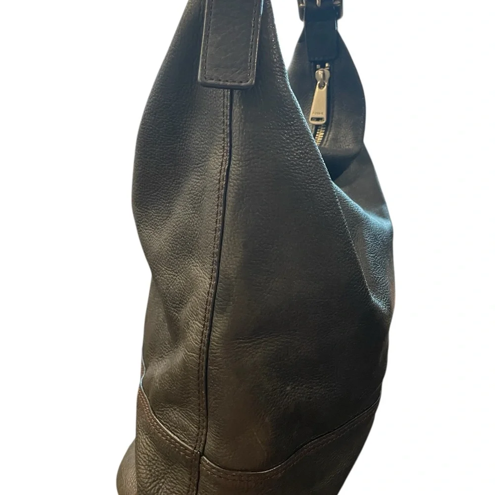 FOSSIL Black Leather Pebbled Satchel‎ Shoulder Handbag Zip Boho Hippie Western